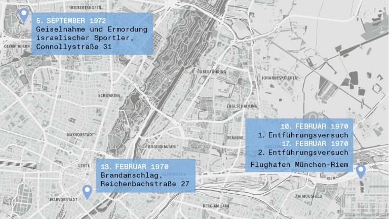 Stadtplan von München auf dem Anschlagsorte von 1970 bis 1970 markiert sind.