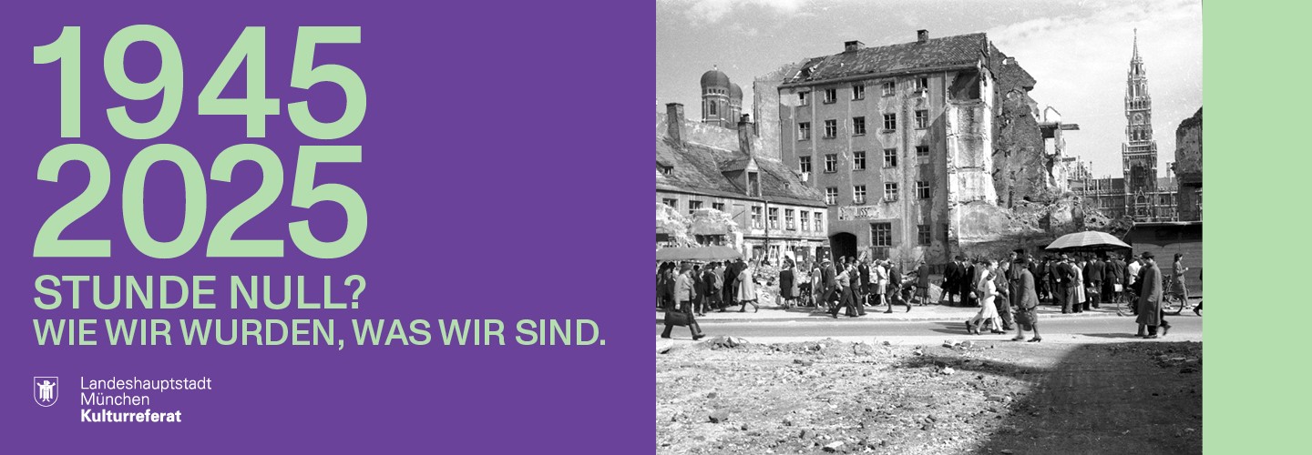 Slider image "Zero Hour" showing a black-and-white photo with a historical city view of Munich. The buildings have been badly damaged; some are ruins or are the remains of demolished parts of buildings.