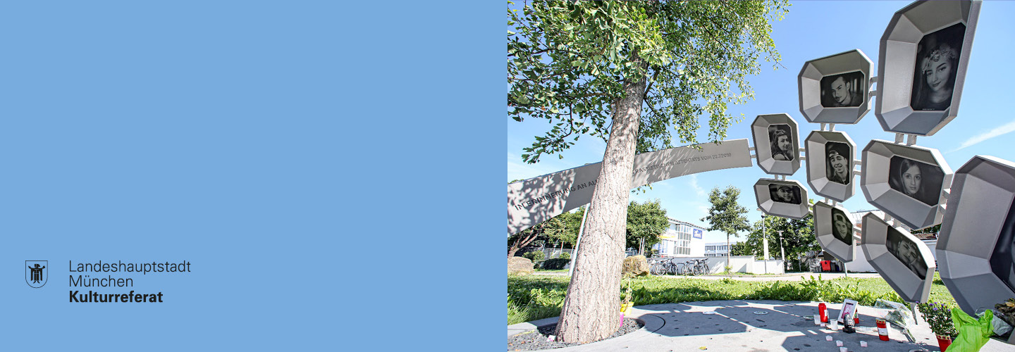 Slider image "Memorials" showing the memorial “Für Euch” by Elke Härtel at the Olympia shopping center.
